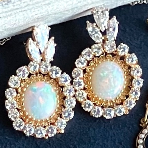 Vintage Opal & Diamond Drop Earrings, with removable drops that convert to a pair of pins, from Doyle & Doyle antique and vintage jewelry boutique.
