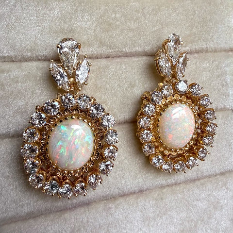 Vintage Opal & Diamond Drop Earrings, with removable drops that convert to a pair of pins, from Doyle & Doyle antique and vintage jewelry boutique.