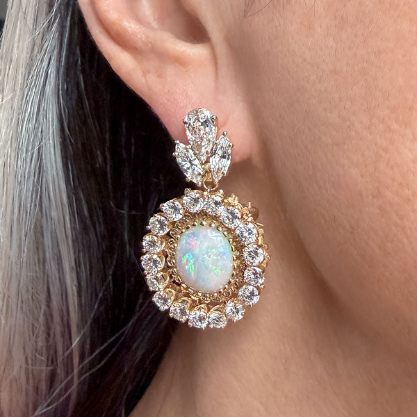 Vintage Opal & Diamond Drop Earrings, with removable drops that convert to a pair of pins, from Doyle & Doyle antique and vintage jewelry boutique