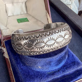 Vintage Silver Navajo W. Tahe Cuff Bracelet, sold by Doyle & Doyle an antique and vintage jewelry boutique