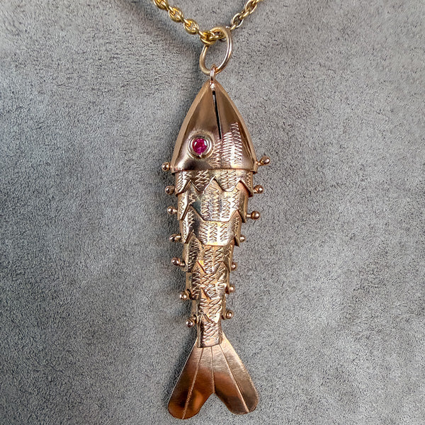 Vintage Gold Articulated Fish Pendant, sold by Doyle & Doyle an antique and vintage jewelry boutique