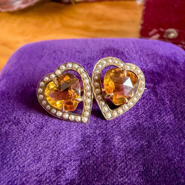 Antique Citrine & Half Pearl Double Heart Pin sold by Doyle and Doyle an antique and vintage jewelry boutique