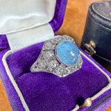 Art Deco Aqua Cab & Diamond Ring sold by Doyle and Doyle an antique and vintage jewelry boutique