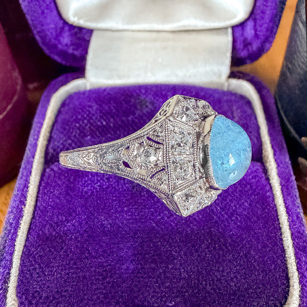 Art Deco Aqua Cab & Diamond Ring sold by Doyle and Doyle an antique and vintage jewelry boutique