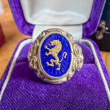 Antique Art Nouveau Lion Ring with Blue Enamel, sold by Doyle & Doyle antique and vintage jewelry boutique