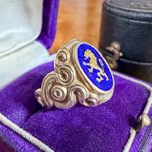 Antique Art Nouveau Lion Ring with Blue Enamel, sold by Doyle & Doyle antique and vintage jewelry boutique
