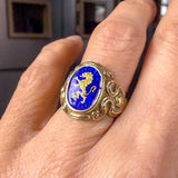 Antique Art Nouveau Lion Ring with Blue Enamel, sold by Doyle & Doyle antique and vintage jewelry boutique