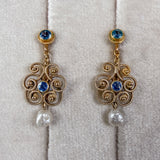 Antique Arts & Crafts Sapphire & Pearl Drop Earrings, sold by Doyle & Doyle an antique and vintage jewelry boutique