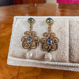 Antique Arts & Crafts Sapphire & Pearl Drop Earrings, sold by Doyle & Doyle an antique and vintage jewelry boutique