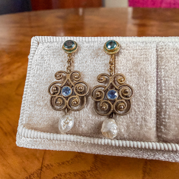 Antique Arts & Crafts Sapphire & Pearl Drop Earrings, sold by Doyle & Doyle an antique and vintage jewelry boutique