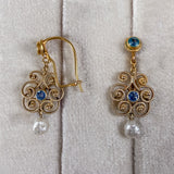 Antique Arts & Crafts Sapphire & Pearl Drop Earrings, sold by Doyle & Doyle an antique and vintage jewelry boutique