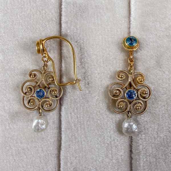 Antique Arts & Crafts Sapphire & Pearl Drop Earrings, sold by Doyle & Doyle an antique and vintage jewelry boutique
