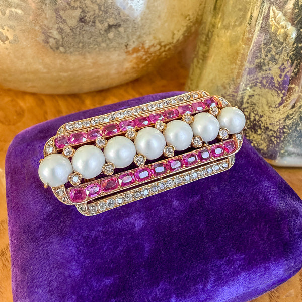Victorian Pearl, Ruby & Diamond Pin sold by Doyle and Doyle an antique and vintage jewelry boutique