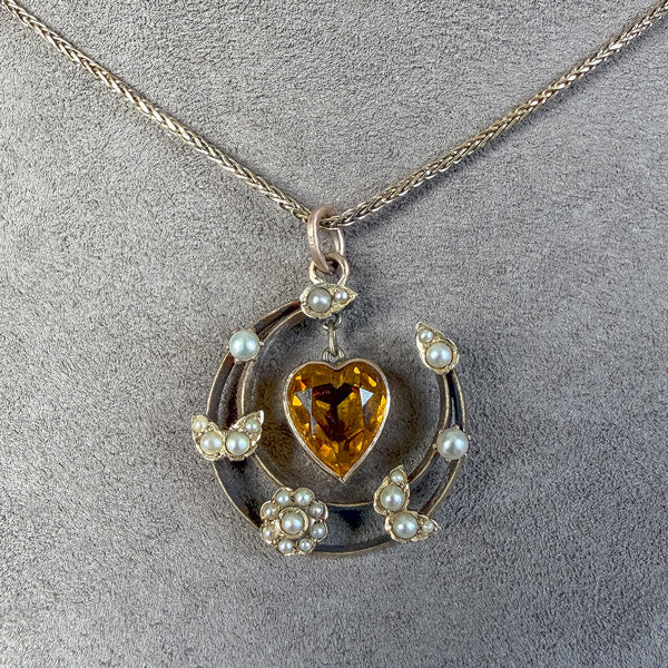 Antique Victorian Citrine Heart Crescent Pendant, sold by Doyle & Doyle an antique and vintage jewelry boutique