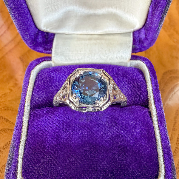 Vintage Filigree Sapphire Ring, 1.79ct. sold by Doyle and Doyle an antique and vintage jewelry boutique
