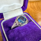Vintage Filigree Sapphire Ring, 1.79ct. sold by Doyle and Doyle an antique and vintage jewelry boutique