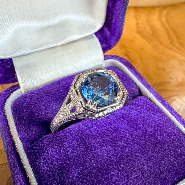 Vintage Filigree Sapphire Ring, 1.79ct. sold by Doyle and Doyle an antique and vintage jewelry boutique