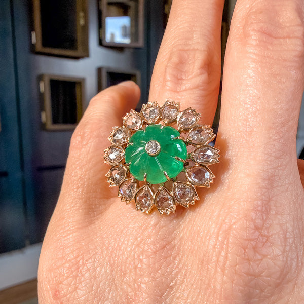 Vintage Carved Emerald & Diamond Ring sold by Doyle and Doyle an antique and vintage jewelry boutique