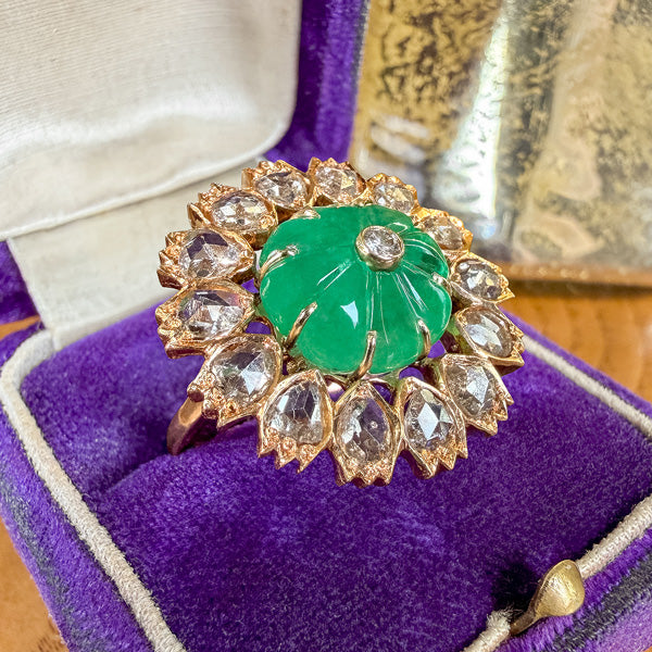 Vintage Carved Emerald & Diamond Ring sold by Doyle and Doyle an antique and vintage jewelry boutique