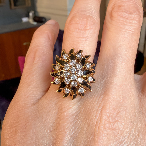 Vintage Diamond and Black Enamel Cluster Ring, sold by Doyle & Doyle antique and vintage jewelry boutique