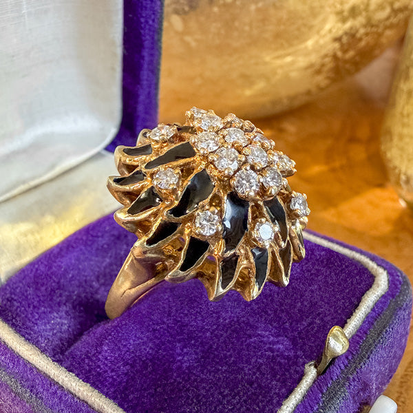 Vintage Diamond and Black Enamel Cluster Ring, sold by Doyle & Doyle antique and vintage jewelry boutique