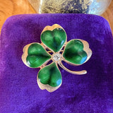 Vintage Green Enamel Four Leaf Clover Pin/ Pendant in yellow gold, sold by Doyle & Doyle antique and vintage jewelry boutique