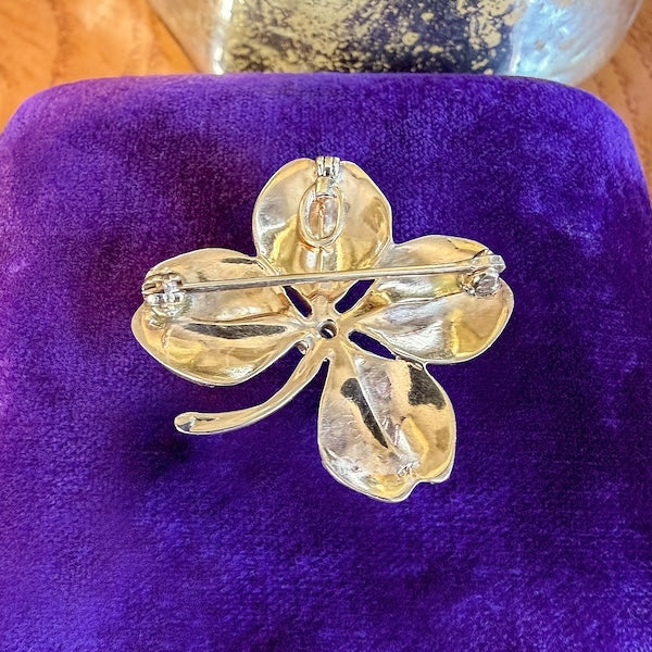 Vintage Green Enamel Four Leaf Clover Pin/ Pendant in yellow gold, sold by Doyle & Doyle antique and vintage jewelry boutique