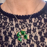 Vintage Green Enamel Four Leaf Clover Pin/ Pendant in yellow gold, sold by Doyle & Doyle antique and vintage jewelry boutique