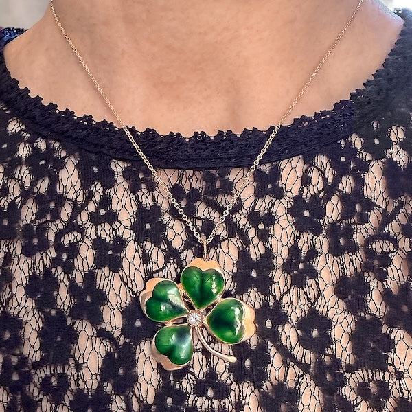 Vintage Green Enamel Four Leaf Clover Pin/ Pendant in yellow gold, sold by Doyle & Doyle antique and vintage jewelry boutique