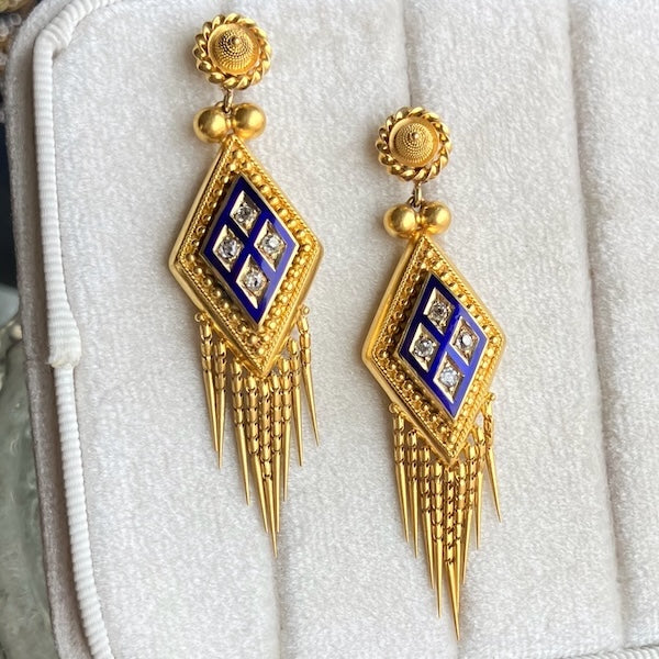 Victorian Diamond Enamel and Fringe Drop Earrings in yellow gold, sold by Doyle & Doyle antique and vintage jewelry boutique