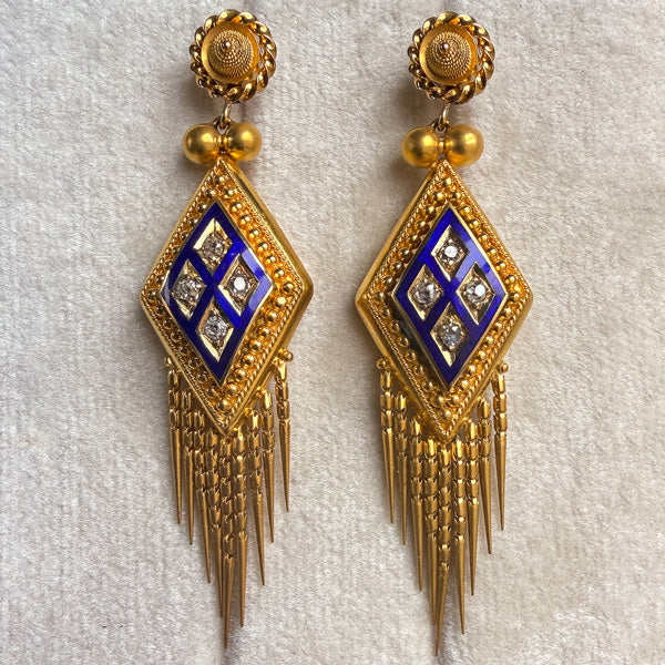 Victorian Diamond Enamel and Fringe Drop Earrings in yellow gold, sold by Doyle & Doyle antique and vintage jewelry boutique