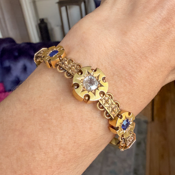 Victorian Etruscan Diamond & Sapphire Bracelet sold by Doyle and Doyle an antique and vintage jewelry boutique
