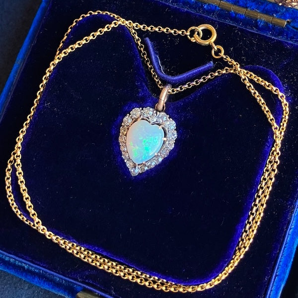 Victorian Opal & Diamond Heart Pendant on gold chain, from Doyle & Doyle antique and vintage jewelry boutique