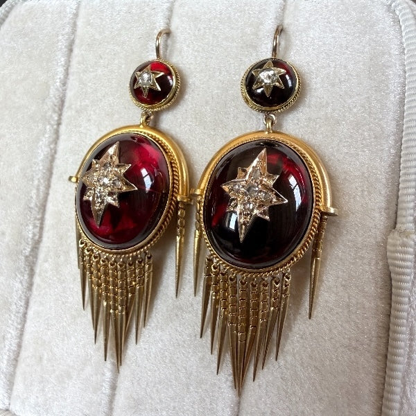 Antique Victorian garnet and diamond earrings with fringe, from Doyle & Doyle antique and vintage jewelry boutique
