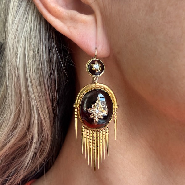 Antique Victorian garnet and diamond earrings with fringe, from Doyle & Doyle antique and vintage jewelry boutique