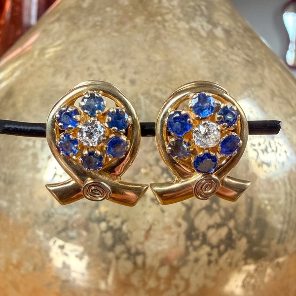 Retro 1940s Diamond & Sapphire Earrings, sold by Doyle & Doyle antique and vintage jewelry boutique