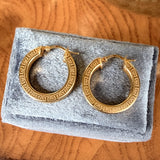 Gold Hoop Earrings with Greek Key engraving, sold by Doyle & Doyle antique and vintage jewelry boutique