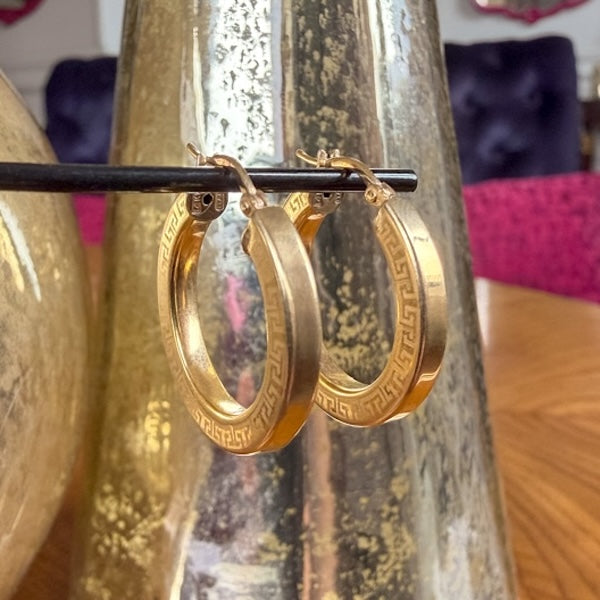 Gold Hoop Earrings with Greek Key engraving, sold by Doyle & Doyle antique and vintage jewelry boutique