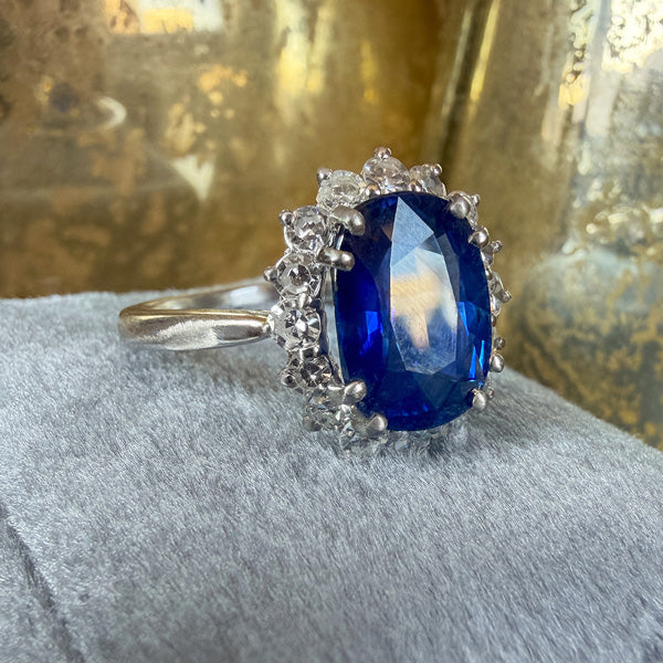 Vintage Cushion Cut Sapphire snd Diamond Ring, sold by Doyle & Doyle antique and vintage jewelry boutique