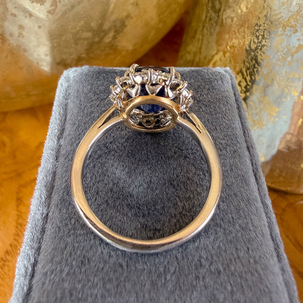 Vintage Cushion Cut Sapphire snd Diamond Ring, sold by Doyle & Doyle antique and vintage jewelry boutique