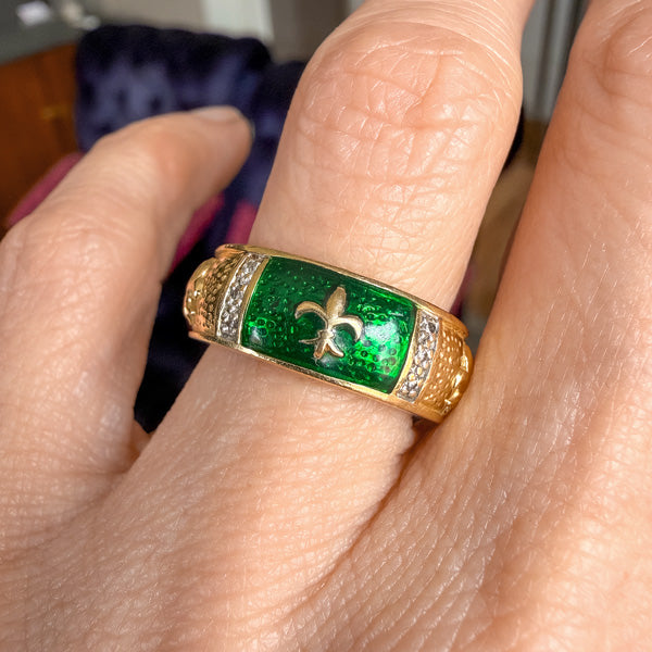 Vintage Green Enamel Diamond Ring sold by Doyle and Doyle an antique and vintage jewelry boutique