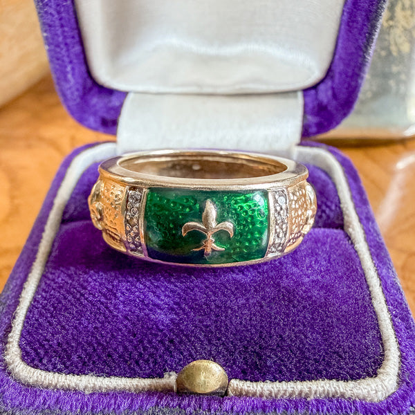 Vintage Green Enamel Diamond Ring sold by Doyle and Doyle an antique and vintage jewelry boutique