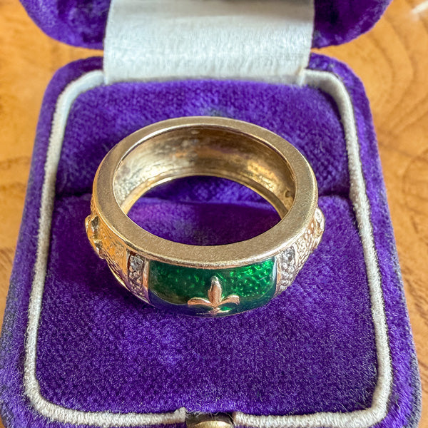 Vintage Green Enamel Diamond Ring sold by Doyle and Doyle an antique and vintage jewelry boutique