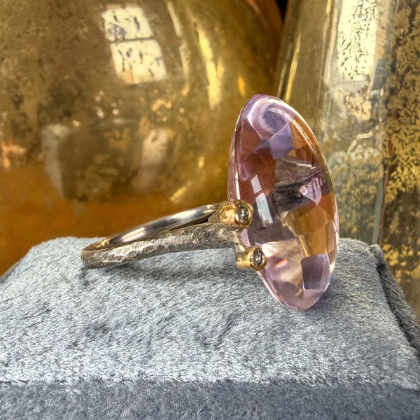 Vintage Round Amethyst and Diamond Statement Ring in silver, sold by Doyle & Doyle antique and vintage jewelry boutique