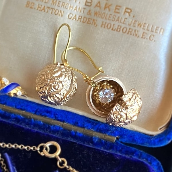 Antique Gold Coach Covers for diamond earrings, from Doyle & Doyle antique and vintage jewelry