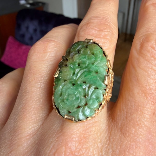 Art Deco Carved Jade Ring in gold, from Doyle & Doyle vintage and antique jewelry boutique