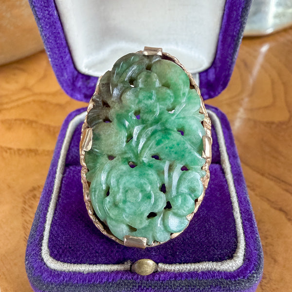 Art Deco Carved Jade Ring in gold, from Doyle & Doyle vintage and antique jewelry boutique