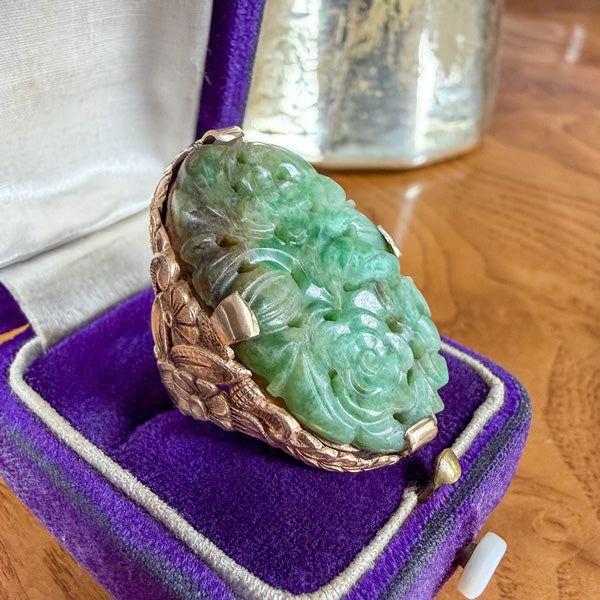 Art Deco Carved Jade Ring in gold, from Doyle & Doyle vintage and antique jewelry boutique