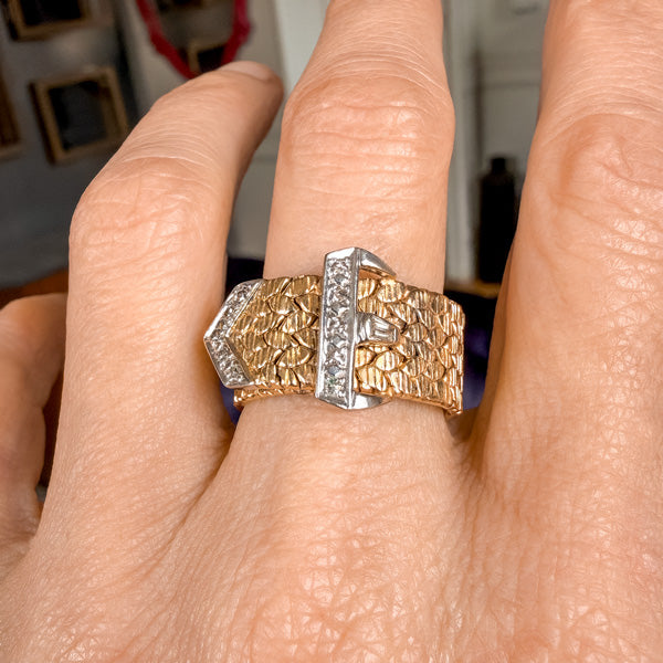 Vintage Diamond Buckle Ring sold by Doyle and Doyle an antique and vintage jewelry boutique