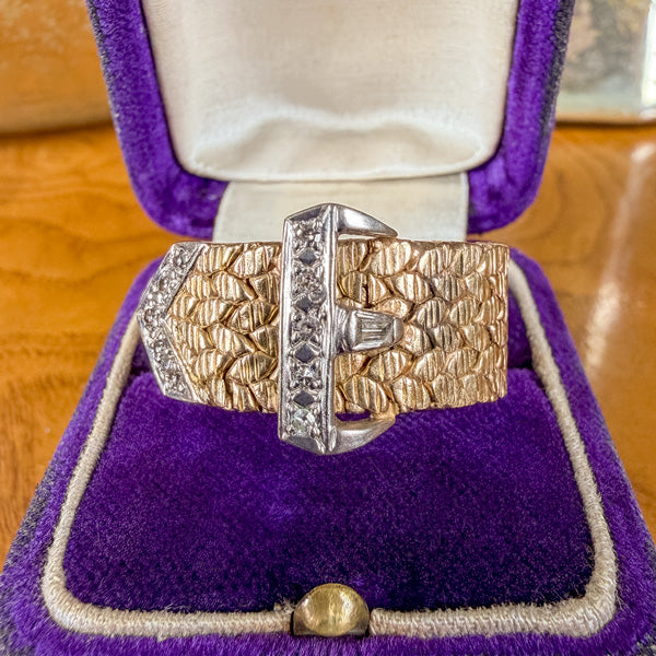 Vintage Diamond Buckle Ring sold by Doyle and Doyle an antique and vintage jewelry boutique